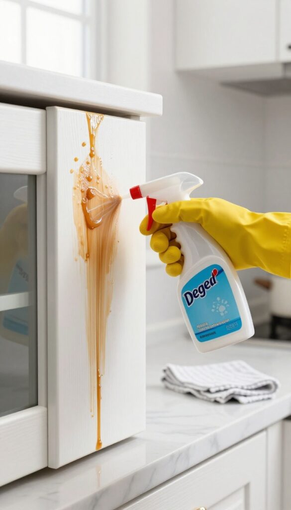 Hand spraying commercial degreaser on greasy kitchen cabinet