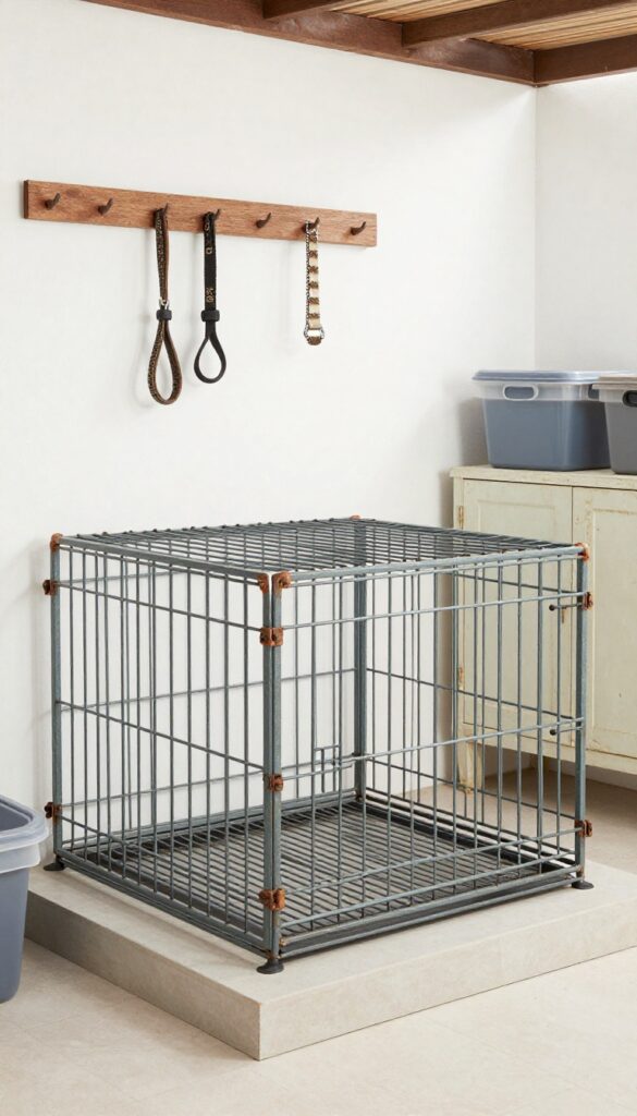 Outdoor dog crate room on covered patio with weatherproof storage and raised bed