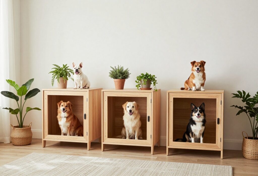 Three furniture-style dog crates in a bright living room, each with a dog inside