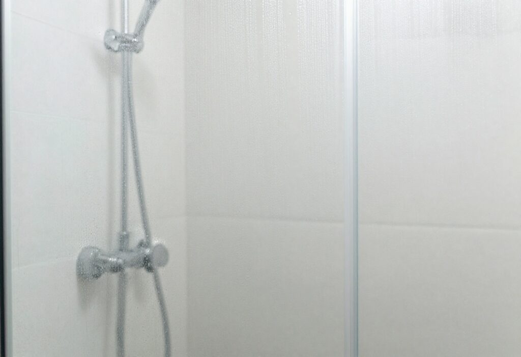 Crystal clear glass shower door with water droplets beading on the surface