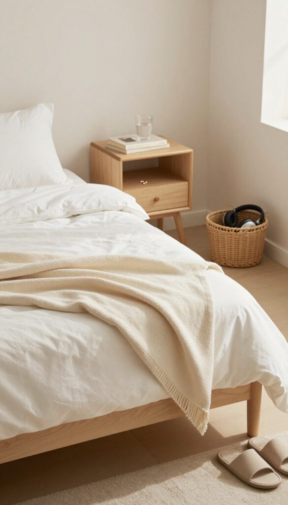 A tidy bedroom with a made bed, clear surfaces, and a basket for clutter, representing the bedtime sweep habit.