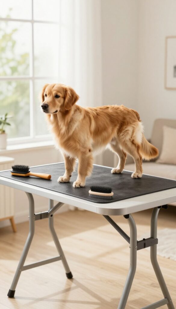 Dog standing on a grooming table with non-slip mat in a bright home setting