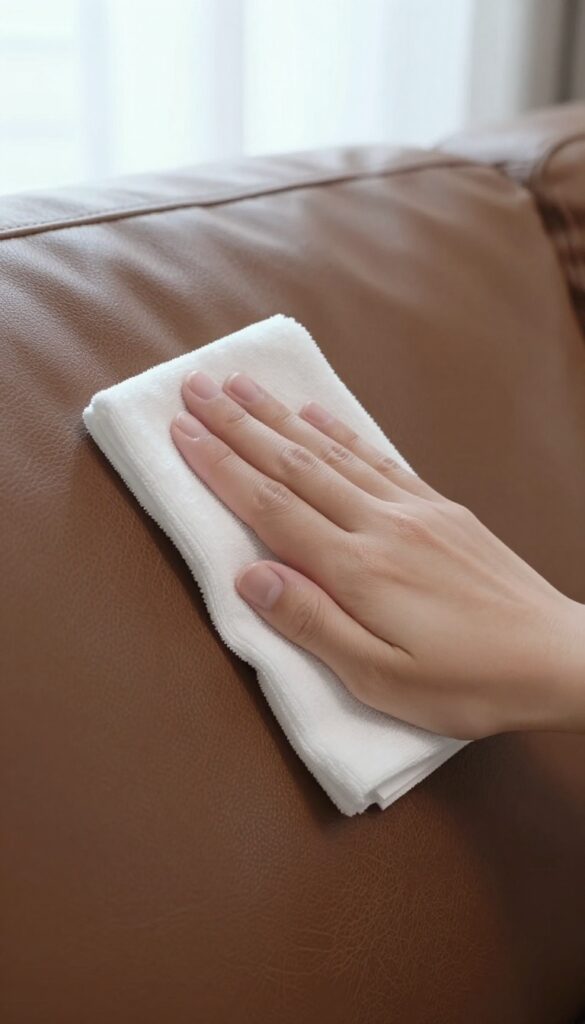 Hand wiping a leather sofa with a damp cloth in bright natural light