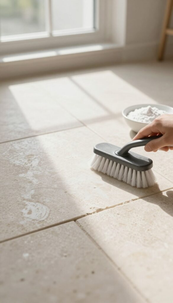 Cleaning grout on natural stone tile floor with soft brush and pH-neutral cleaner