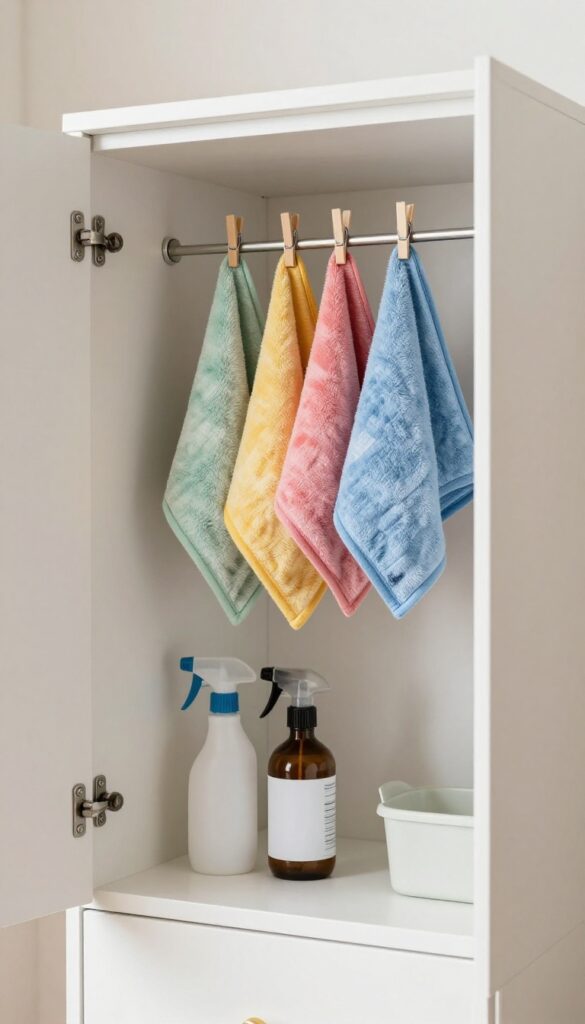 Tension rod installed inside a cabinet with microfiber cloths hanging neatly, organized cleaning supply storage
