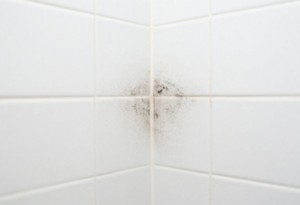Close-up of shower tile grout with one side clean and one side moldy, illustrating the difference cleaning can make.