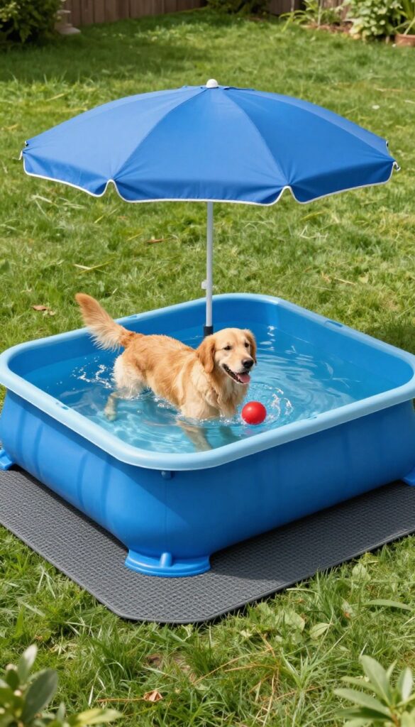 Dog splashing in upgraded kiddie pool with shade umbrella and non-slip mat in backyard
