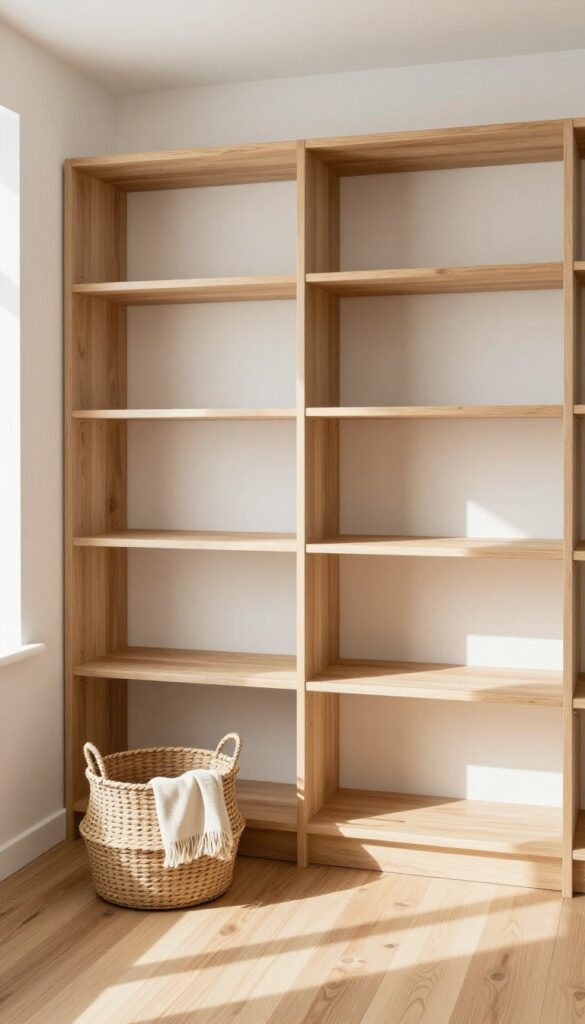 Empty clean closet with wooden shelves and hardwood floor, sunlight streaming in