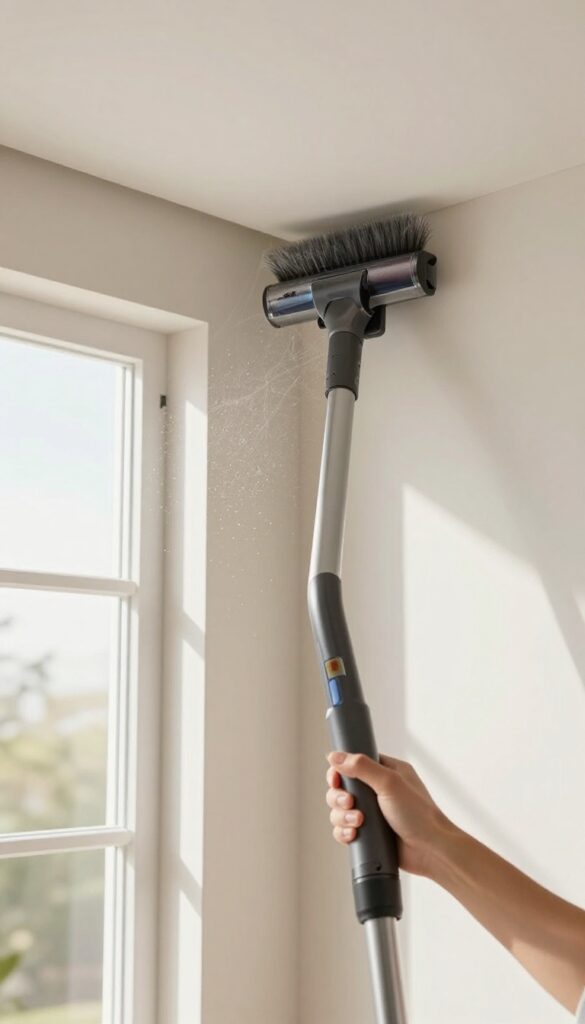 Person using a vacuum with brush attachment to clean cobwebs from a ceiling corner in a bright room