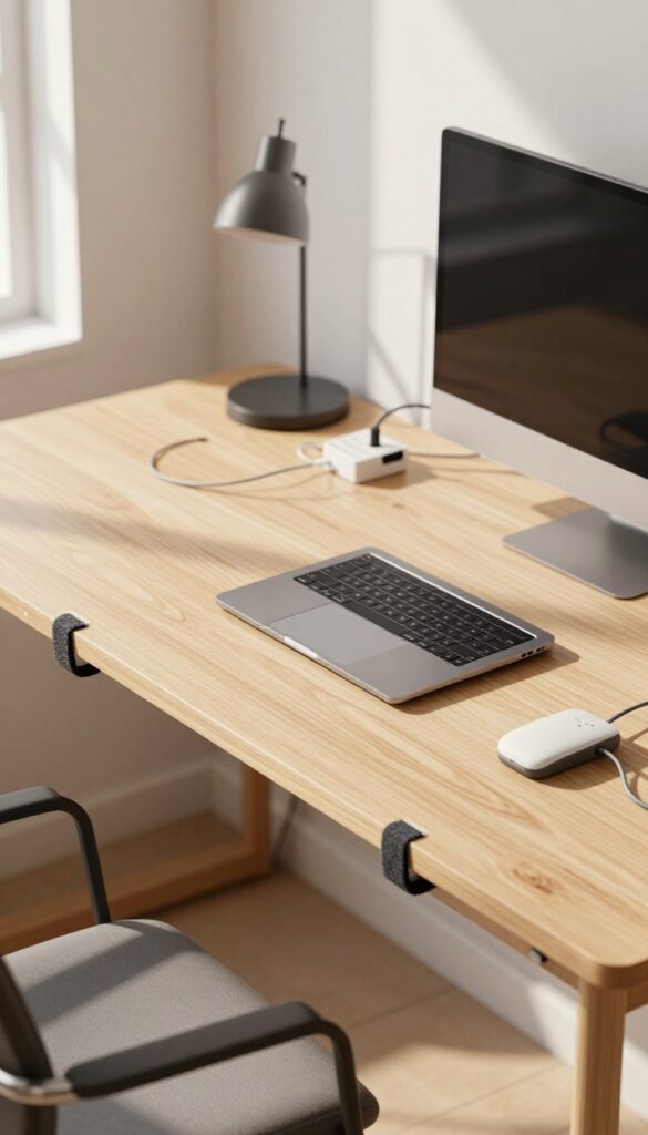 Clean desk with hidden cables using under-desk cable tray, cable clips, and Velcro straps