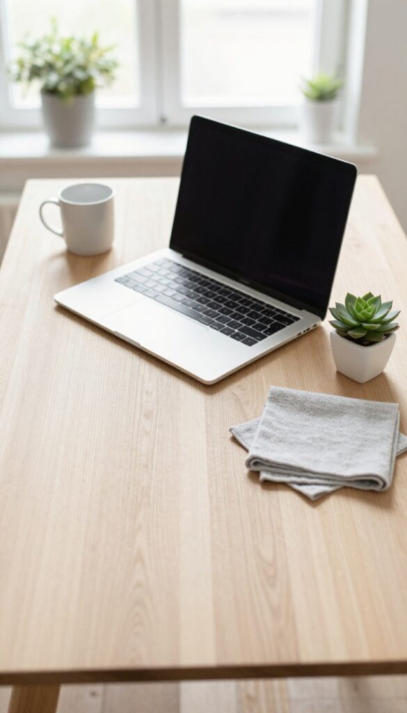 Clean minimalist desk with laptop, mug, and succulent in bright natural light