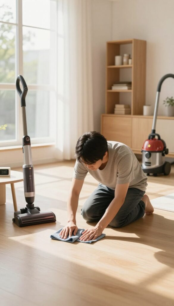 Person cleaning baseboards in a bright living room with a timer on the table