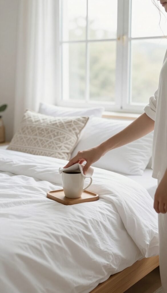 Person wiping a nightstand with a cloth in a clean, bright bedroom