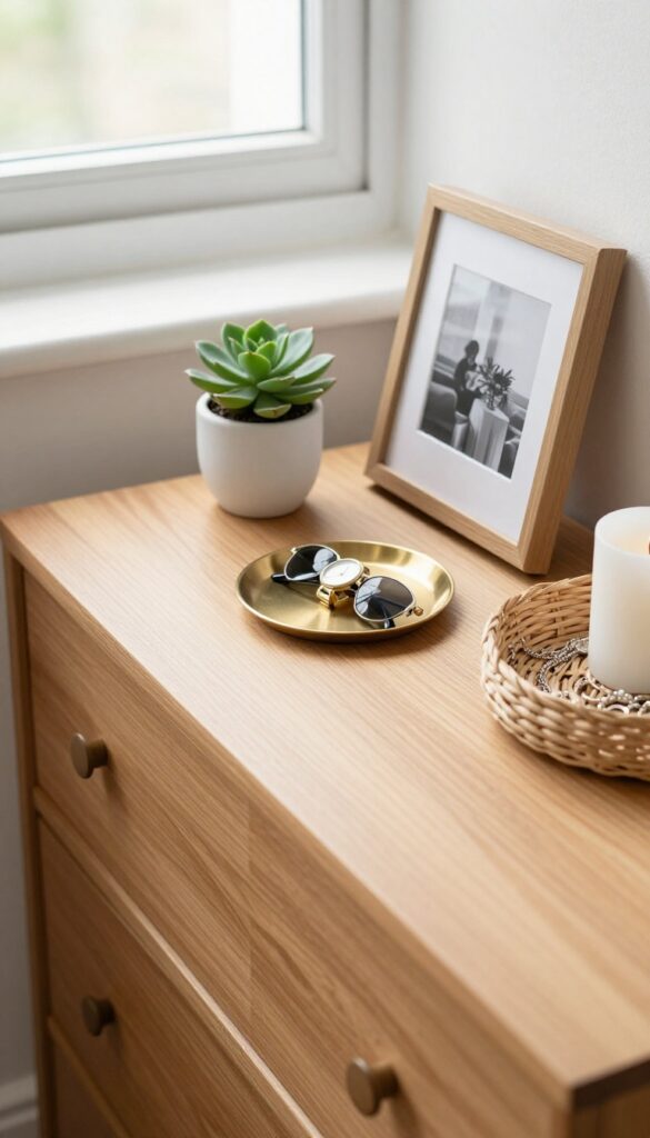 Organized dresser top with a plant, photo, tray, and basket in bright natural light