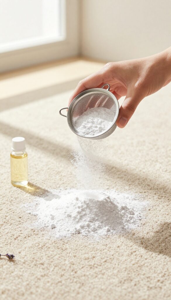 Hand sprinkling baking soda and essential oils onto carpet with sieve, natural light, clean home setting