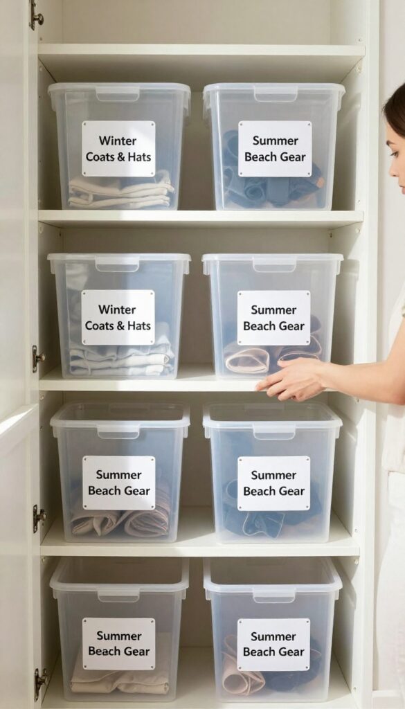 Organized closet with labeled clear bins for seasonal items, sunlight streaming in.