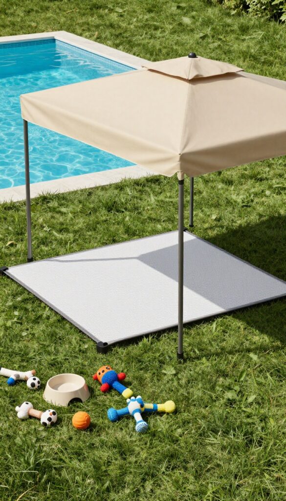 Shaded lounging area with dog cot and canopy next to a backyard dog pool