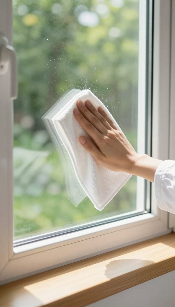 Hand wiping a clean window with a microfiber cloth, streak-free glass, bright natural light, garden view outside