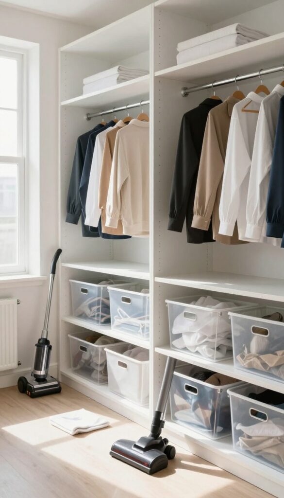 A clean, organized closet with empty shelves, clear bins, and clothes hung by color, bathed in natural light.