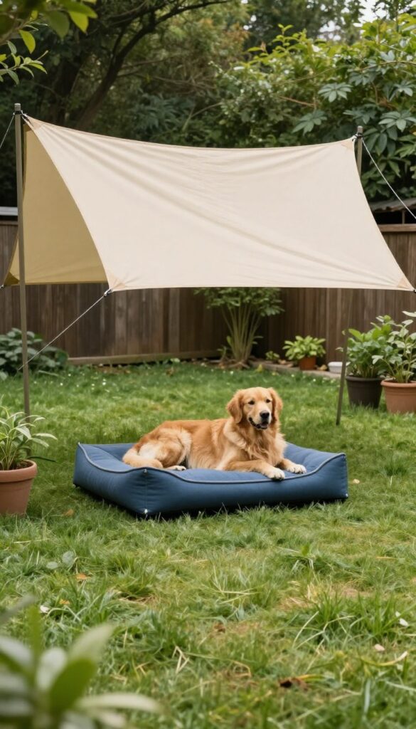 Dog resting on a bed under a shade sail in a sunny backyard