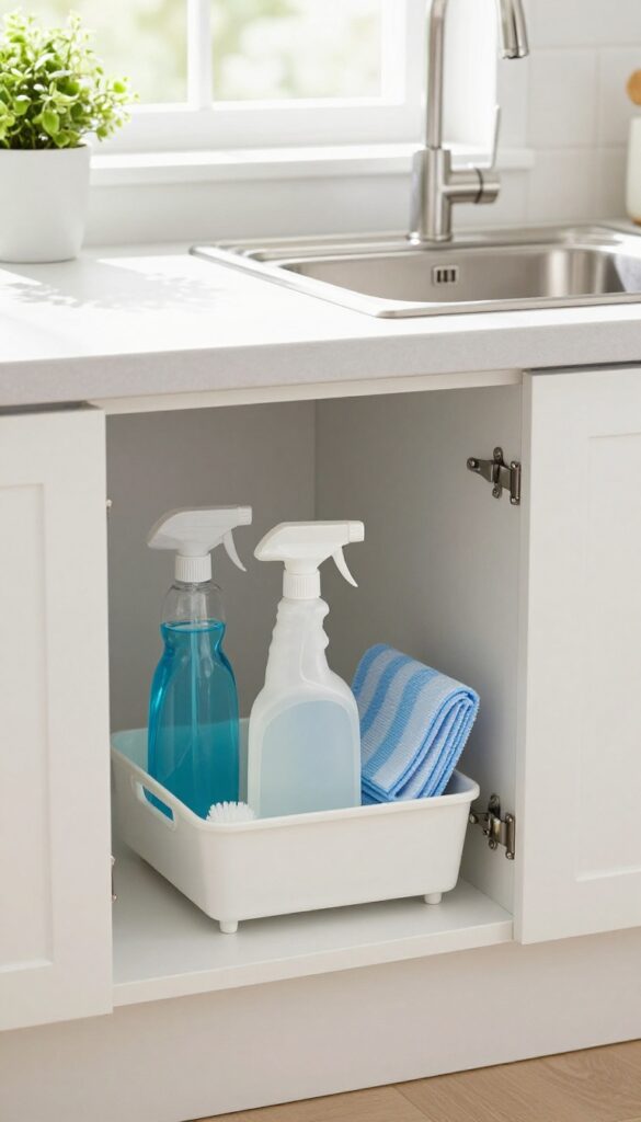 Under-sink cabinet with organized cleaning supplies in a caddy