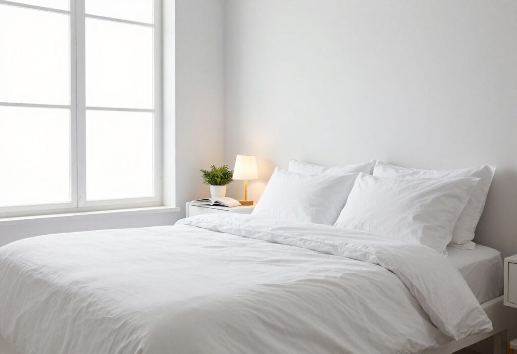 A clean, organized bedroom with white linens, natural light, and a peaceful atmosphere.