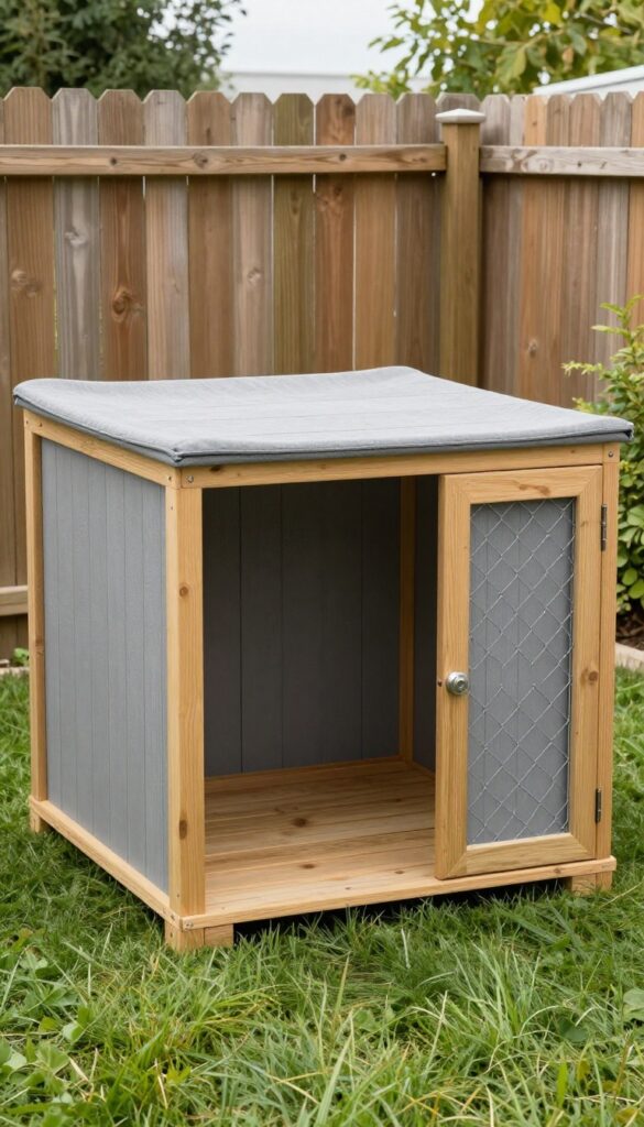 Raised wooden platform floor inside a chain link dog kennel