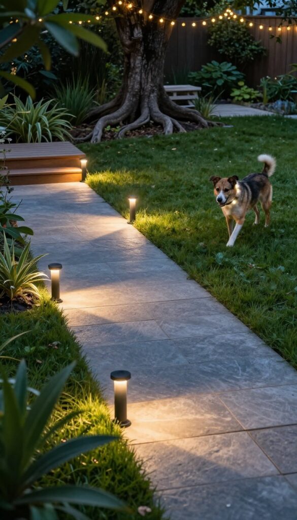 Dog-friendly backyard with nighttime lighting including solar path lights, LED step lights, spotlights on hazards, overhead string lights, and a dog with a LED collar light.