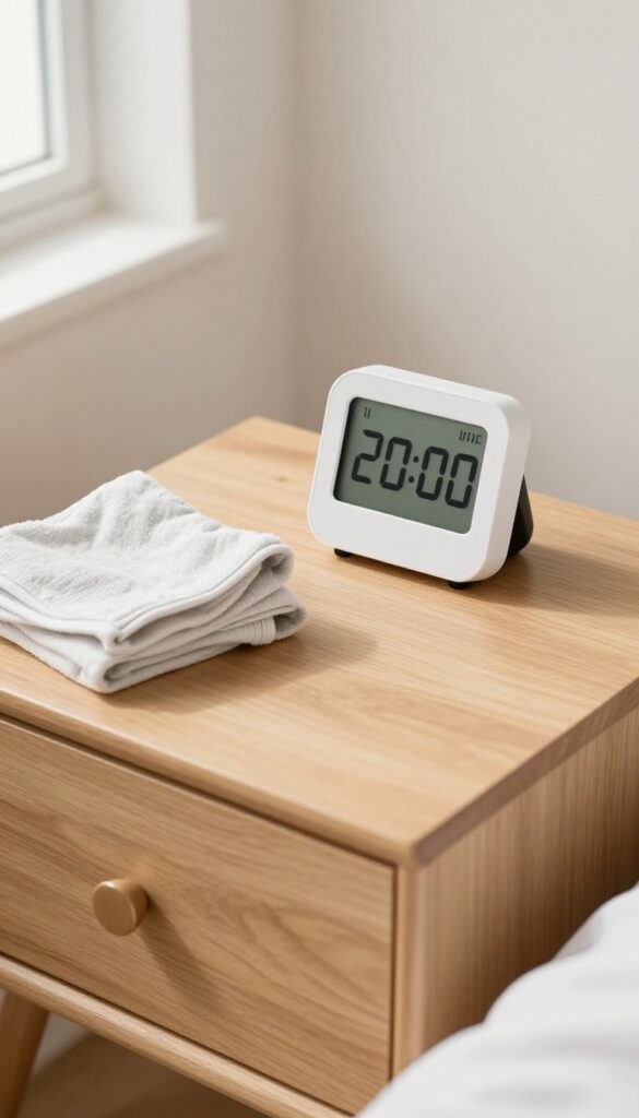 Timer on nightstand with folded laundry and dusting cloth, bright natural light, clean composition