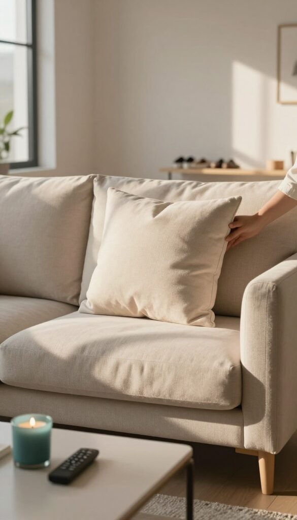 A person tidying up a cozy living room in the evening, fluffing pillows and arranging a blanket on a sofa, with a clean coffee table and organized entryway.