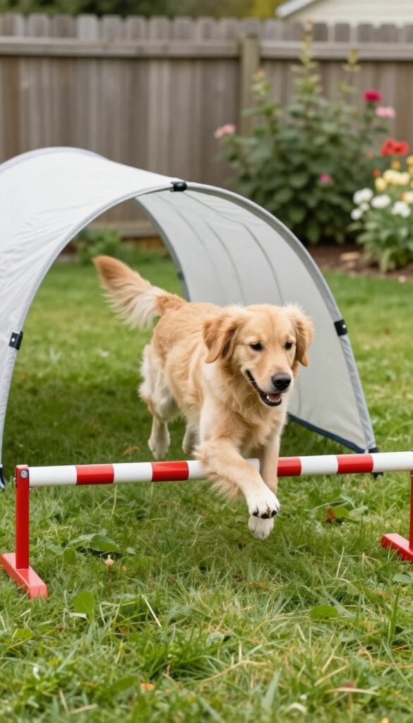 Dog jumping over a PVC agility jump in a sunny backyard with a tunnel nearby