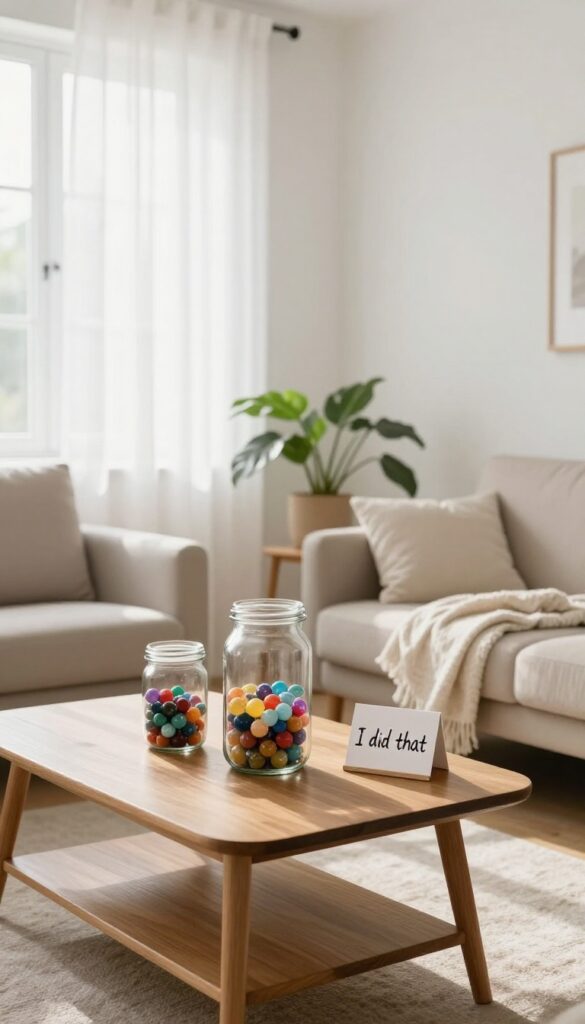 A clear jar filled with colorful marbles on a coffee table in a bright, organized living room, symbolizing celebrating small wins in home cleaning and organizing.