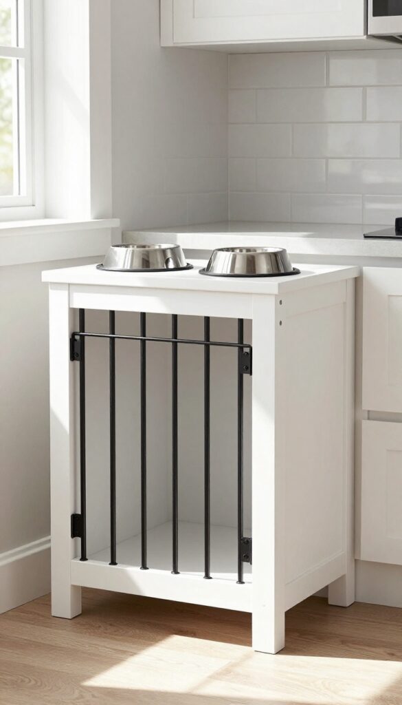 Modern basement dog kennel with built-in feeding station, recessed bowls, and tile backsplash in bright natural light.
