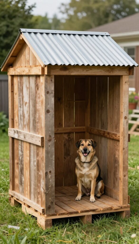 Rustic pallet wood dog kennel in a sunny backyard with a dog inside