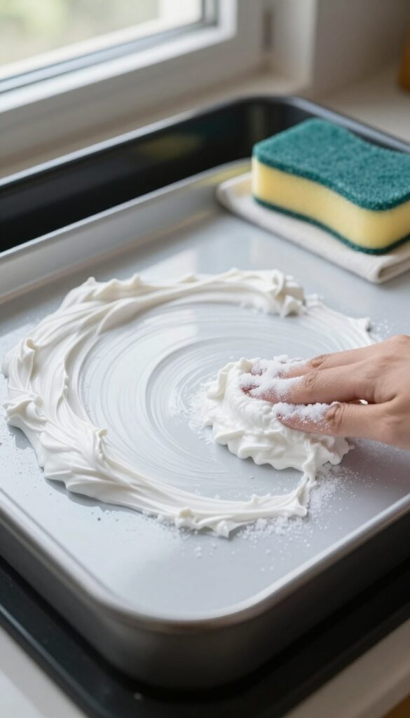 Salt and baking soda paste applied to greasy oven interior for cleaning