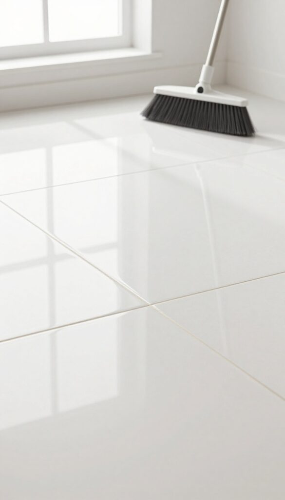 Clean tile floor with broom and dustpan, bright natural light