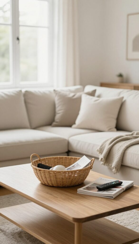 A tidy living room with a decorative basket holding stray items, ready for guests