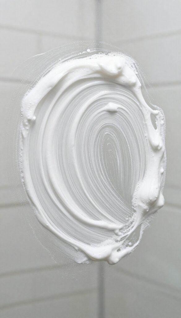 Applying baking soda paste to a glass shower door to remove tough soap scum