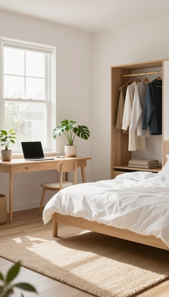 A clean bedroom divided into zones: desk, bed, closet, and floor, with natural light and organized decor.