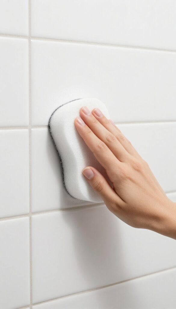 Hand using a Magic Eraser to clean light stains on shower grout