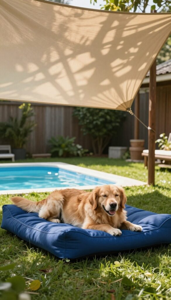 Dog relaxing under a shade sail on a cooling bed in a backyard with a kiddie pool nearby