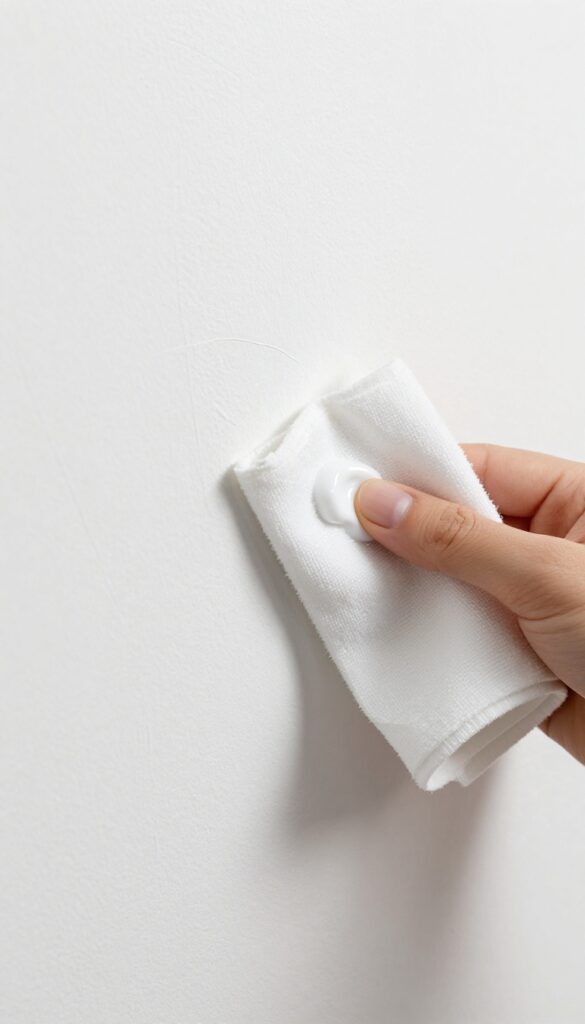 Applying toothpaste to a scratch on a painted wall with a microfiber cloth