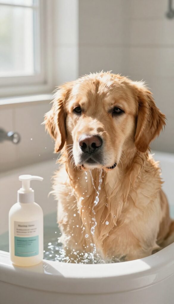 Golden retriever being bathed with dog shampoo in a sunlit bathroom