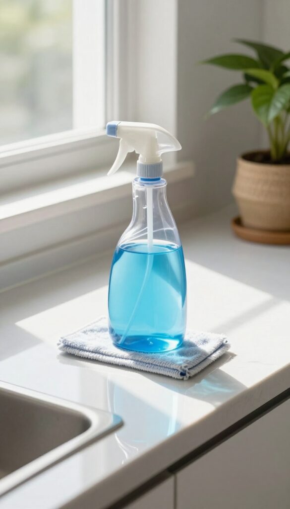 Spray mop on clean tile floor in bright kitchen with natural light