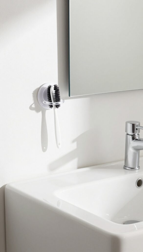 Toothbrush holder on bathroom mirror storing cleaning tools like a scrub brush and tile scraper