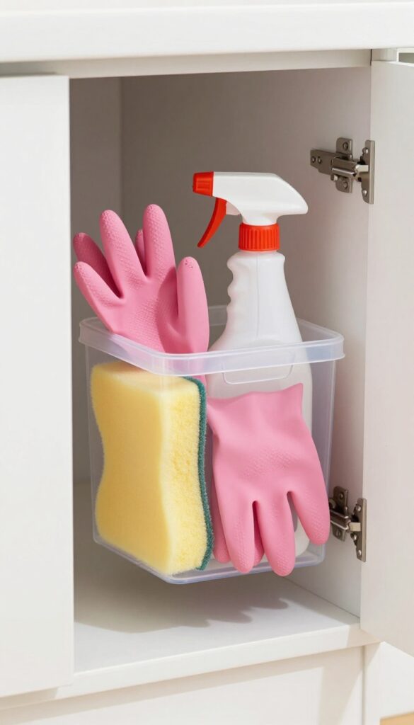 Open cabinet door with a clear plastic door-mounted caddy holding cleaning supplies