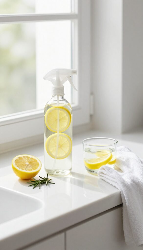 DIY citrus spray and simmer pot on a bathroom counter for natural air freshening