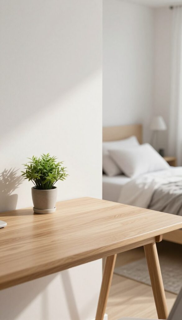 Clean desk surface with plant and lamp in bright natural light, minimalist room background