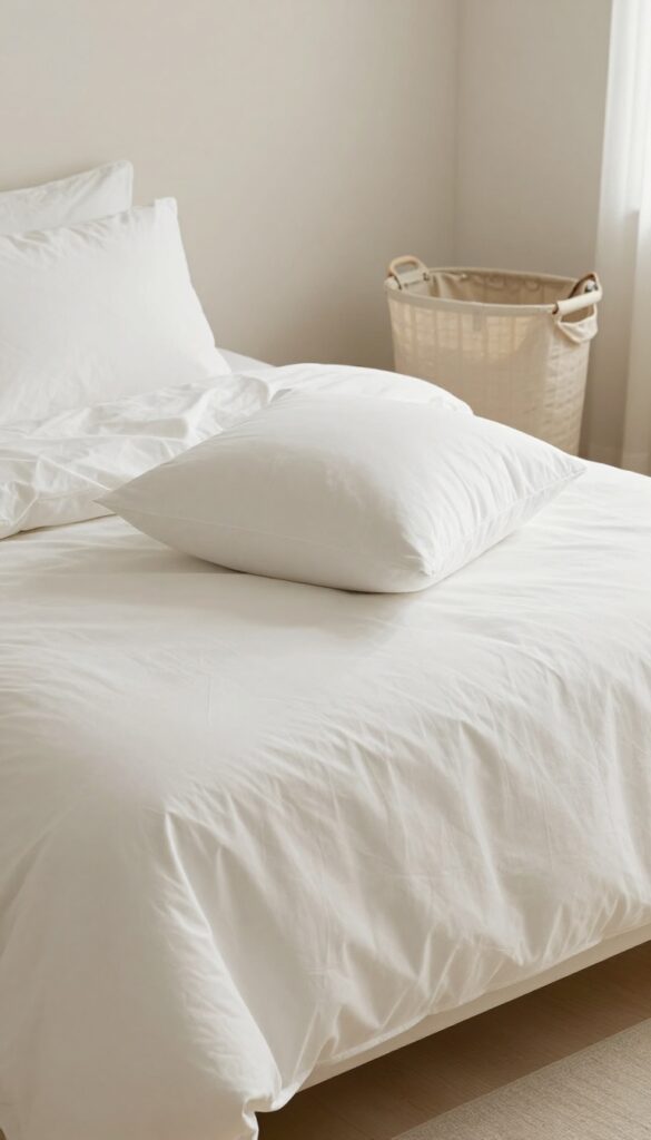 A clean, inviting bed with white linens and fluffy pillows being refreshed, with laundry basket nearby in bright natural light.