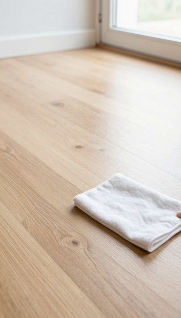 Hand buffing a laminate floor with a dry microfiber cloth for a streak-free shine